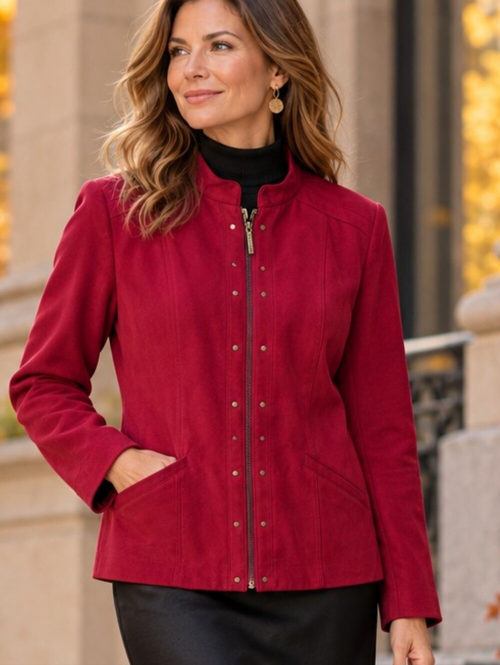 TanJay Red Faux Suede Studded Zip Moto Jacket Lined Women's Size 8